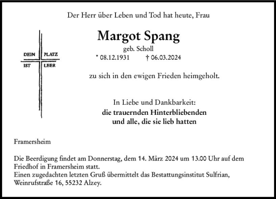 Traueranzeige von Margot Spang von Allgemeine Zeitung Alzey