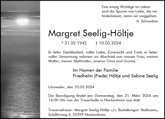 Traueranzeige von Margret Seelig-Höltje von Allgemeine Zeitung Mainz