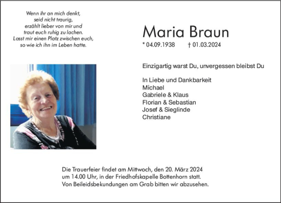 Traueranzeige von Maria Braun von Hinterländer Anzeiger