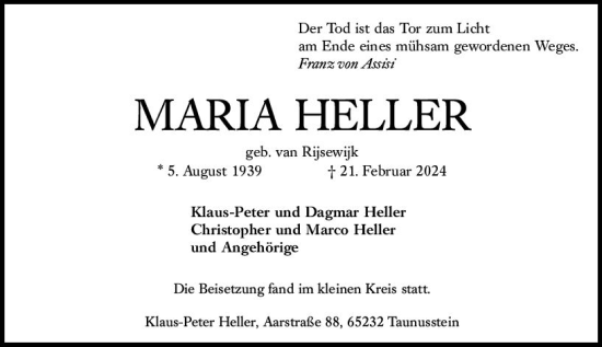 Traueranzeige von Maria Heller von Wiesbadener Kurier