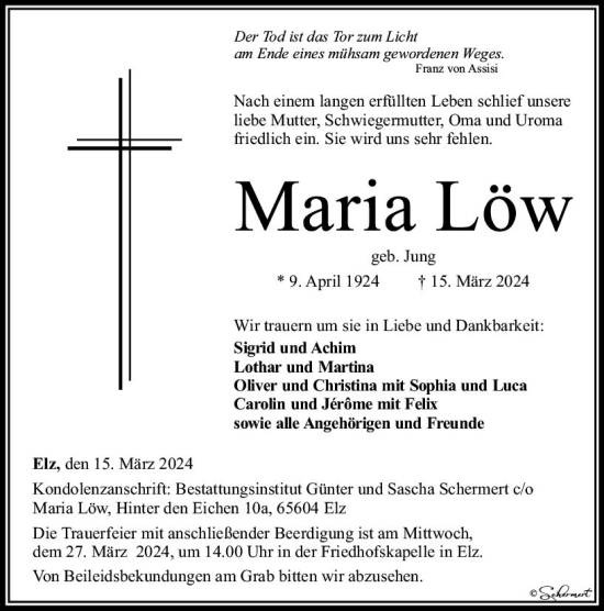 Traueranzeige von Maria Löw von Nassauische Neue Presse