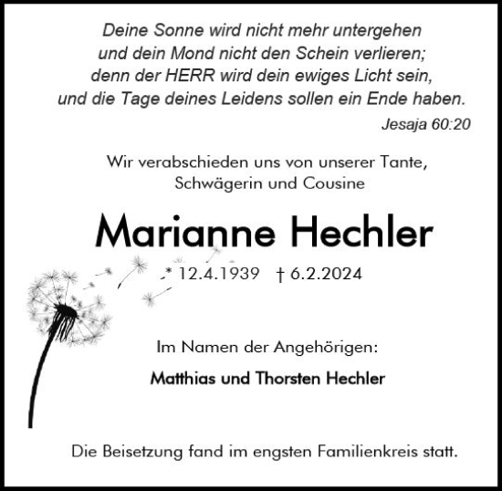 Traueranzeige von Marianne Hechler von Darmstädter Echo