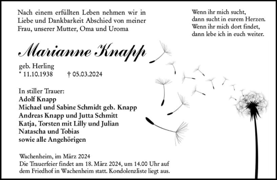 Traueranzeige von Marianne Knapp von Wormser Zeitung