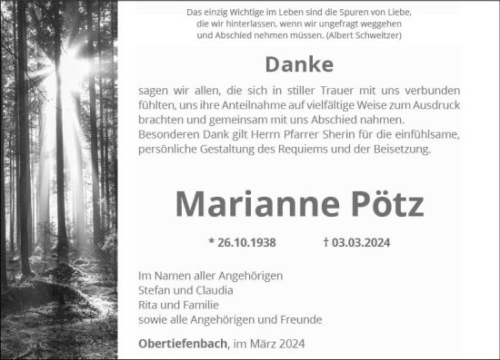 Traueranzeige von Marianne Pötz von Nassauische Neue Presse