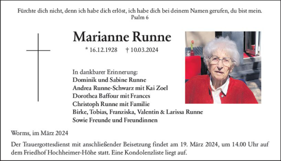 Traueranzeige von Marianne Runne von Wormser Zeitung