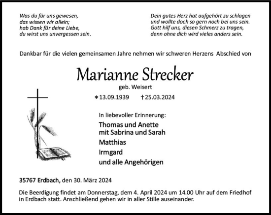 Traueranzeige von Marianne Strecker von Dill Block