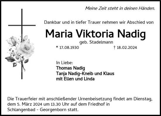 Traueranzeige von Maria Viktoria Nadig von Wiesbadener Kurier