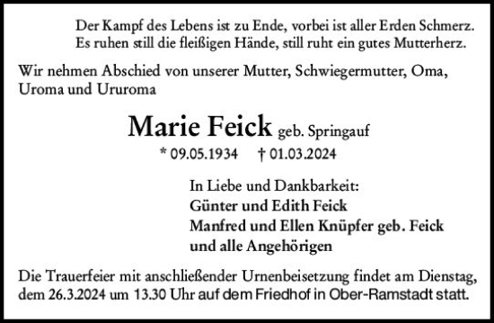 Traueranzeige von Marie Feick von Darmstädter Echo