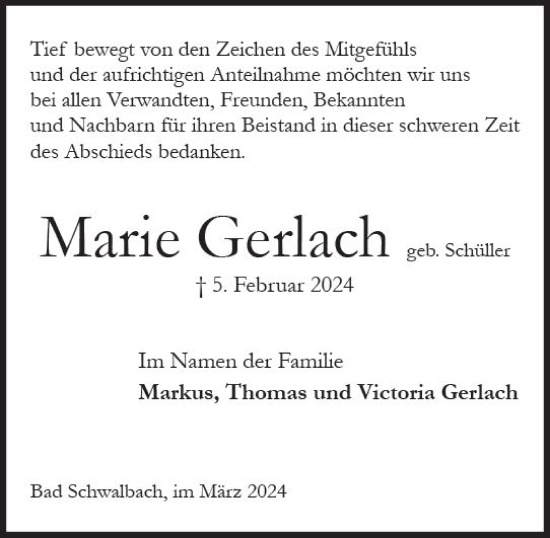 Traueranzeige von Marie Gerlach von Wiesbadener Kurier