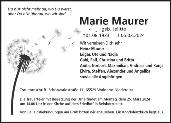 Traueranzeige von Marie Maurer von Camberger Anzeiger