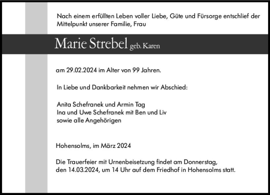 Traueranzeige von Marie Strebel von Wetzlarer Neue Zeitung