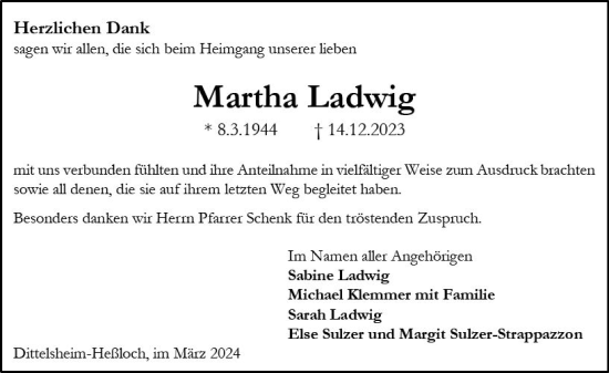 Traueranzeige von Martha Ladwig von Wormser Zeitung