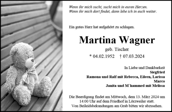 Traueranzeige von Martina Wagner von Allgemeine Zeitung Mainz