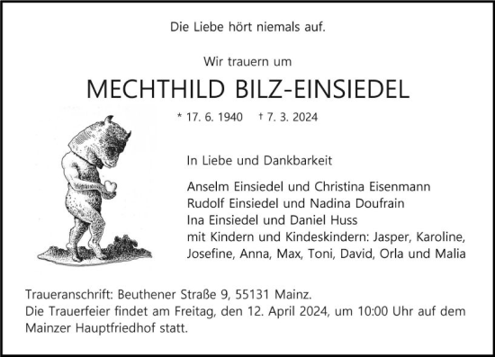 Traueranzeige von Mechthild Bilz-Einsiedel von Rüsselsheimer Echo