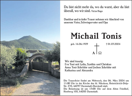 Traueranzeige von Michail Tonis von Darmstädter Echo
