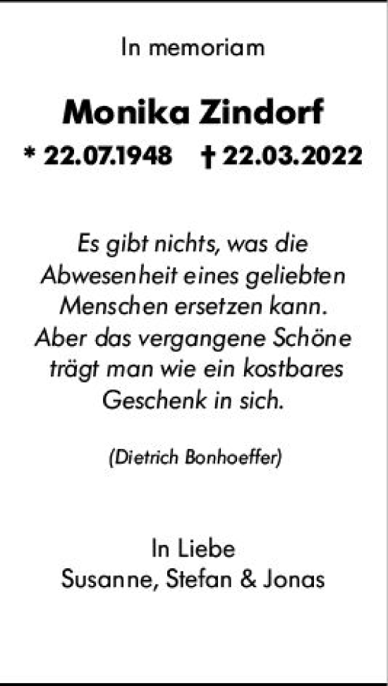 Traueranzeige von Monika Zindorf von Allgemeine Zeitung Mainz