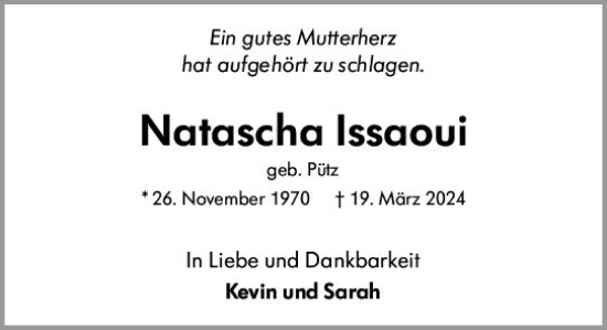 Traueranzeige von Natascha Issaoui von Allgemeine Zeitung Alzey