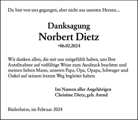 Traueranzeige von Norbert Dietz von Allgemeine Zeitung Bingen/Ingelheim