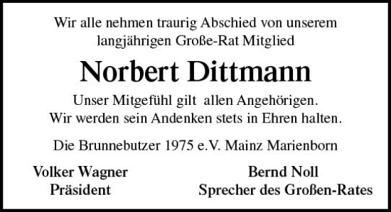 Traueranzeige von Norbert Dittmann von Allgemeine Zeitung Mainz