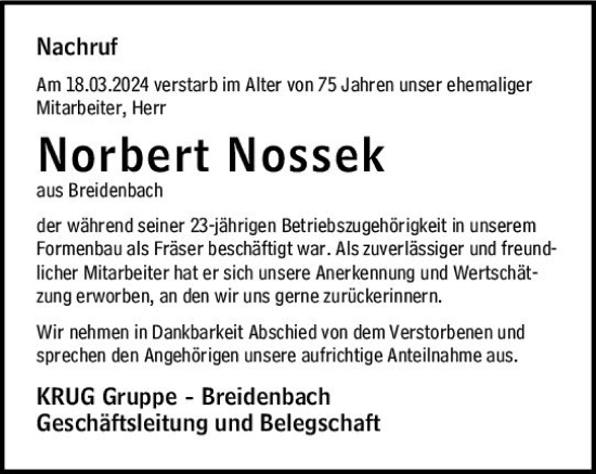 Traueranzeige von Norbert Nossek von Hinterländer Anzeiger
