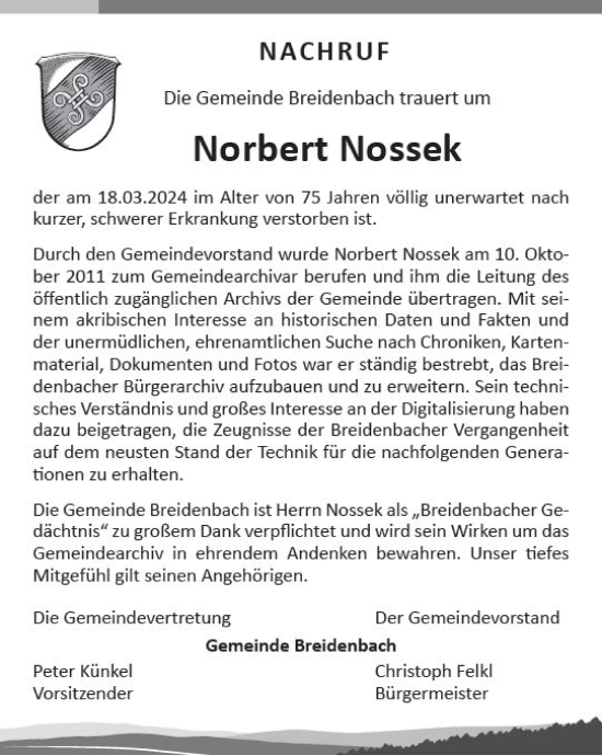 Traueranzeige von Norbert Nossek von Hinterländer Anzeiger