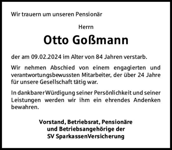 Traueranzeige von Otto Goßmann von Wiesbadener Kurier