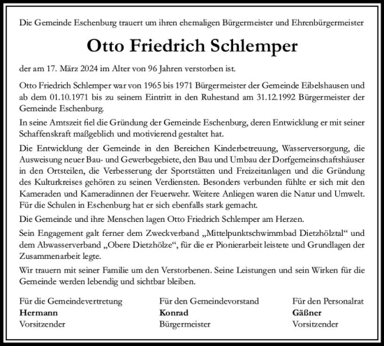 Traueranzeige von Otto Friedrich Schiemp von Dill Block