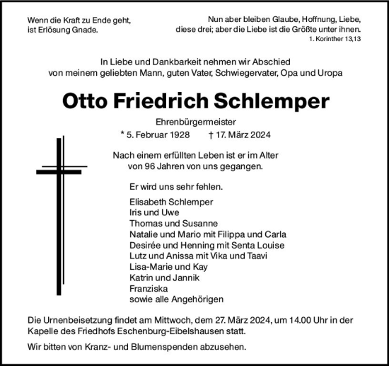 Traueranzeige von Otto Friedrich Schlemper von Dill Block
