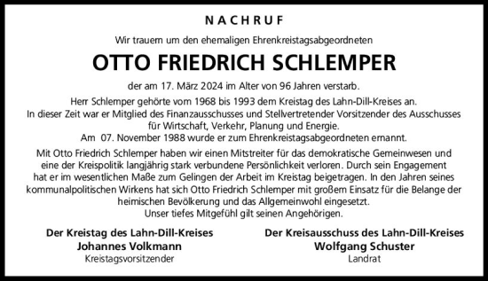 Traueranzeige von Otto Friedrich Schlemper von Dill Block
