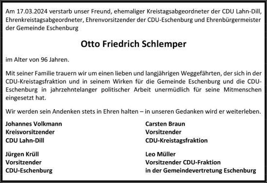 Traueranzeige von Otto Friedrich Schlemper von Dill Block