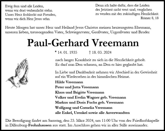 Traueranzeige von Paul-Gerhard Vreemann von Hinterländer Anzeiger