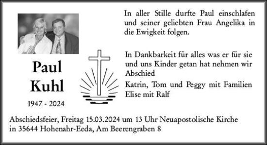 Traueranzeige von Paul Kuhl von Wetzlarer Neue Zeitung