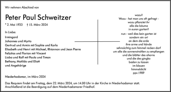 Traueranzeige von Peter Paul Schweitzer von Nassauische Neue Presse