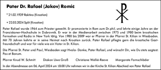 Traueranzeige von Rafael Romic von Wiesbadener Kurier