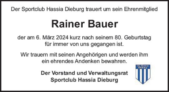 Traueranzeige von Rainer Bauer von Dieburger Anzeiger/Groß-Zimmerner Lokal-Anzeiger