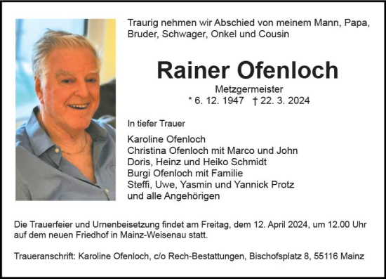 Traueranzeige von Rainer Ofenloch von Allgemeine Zeitung Mainz