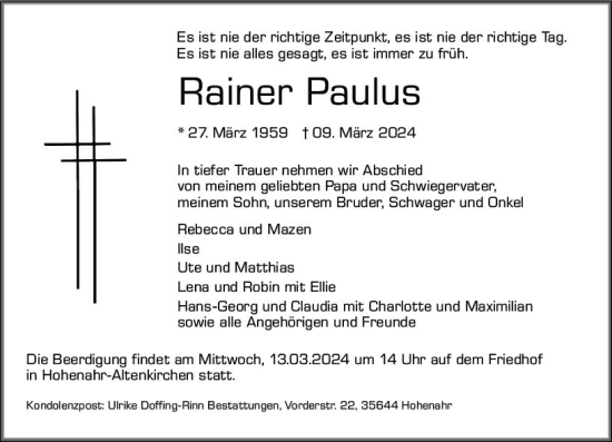 Traueranzeige von Rainer Paulus von Dill Block