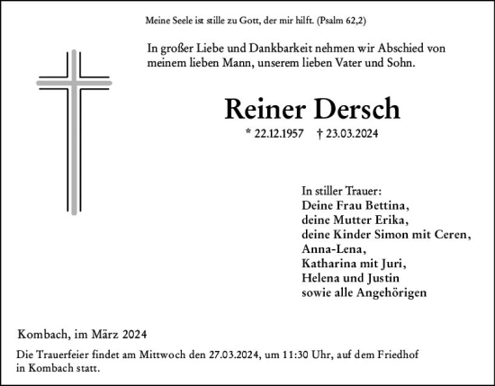 Traueranzeige von Reiner Dersch von Hinterländer Anzeiger