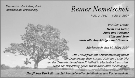 Traueranzeige von Reiner Nemetschek von Dill Block