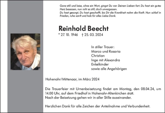 Traueranzeige von Reinhold Beecht von Dill Block