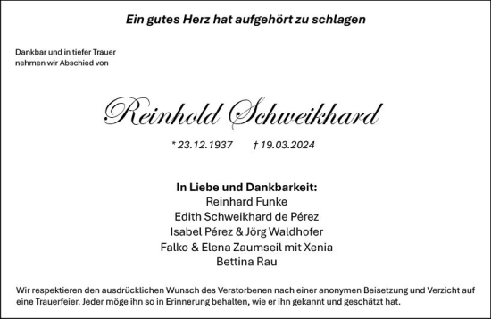 Traueranzeige von Reinhold Schweikhard von Allgemeine Zeitung Bingen/Ingelheim