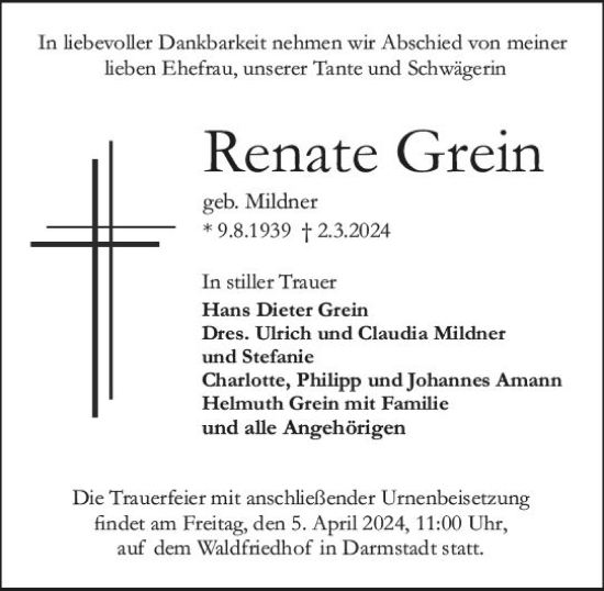 Traueranzeige von Renate Grein von Darmstädter Echo