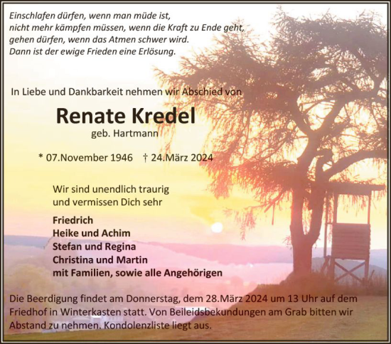 Traueranzeige von Renate Kredel von Bergsträßer Anzeiger