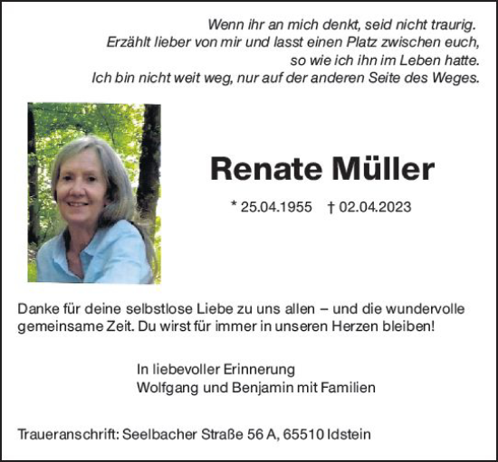 Traueranzeige von Renate Müller von Wiesbadener Kurier