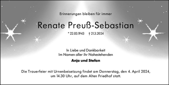 Traueranzeige von Renate Preuß-Sebastian von Hochheimer Zeitung
