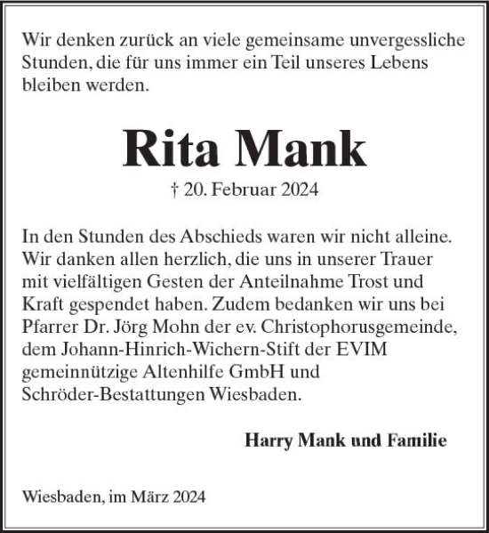 Traueranzeige von Rita Mank von Wiesbadener Kurier