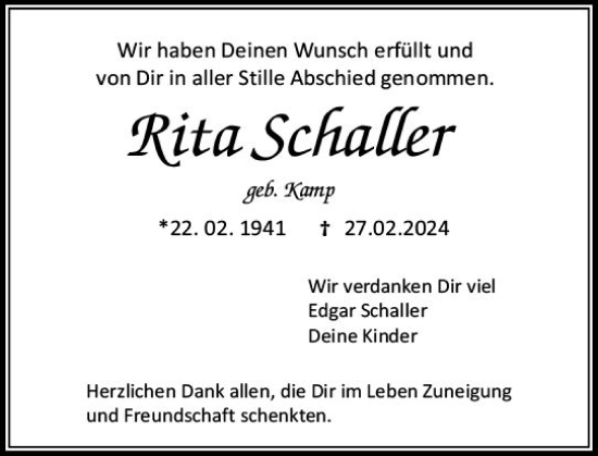 Traueranzeige von Rita Schaller von Allgemeine Zeitung Bingen/Ingelheim