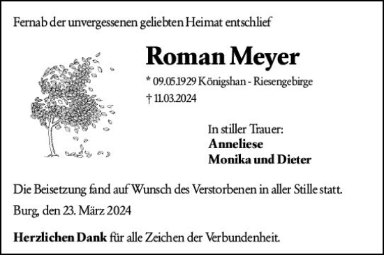 Traueranzeige von Roman Meyer von Dill Block