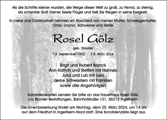 Traueranzeige von Rosel Gölz von Allgemeine Zeitung Bingen/Ingelheim