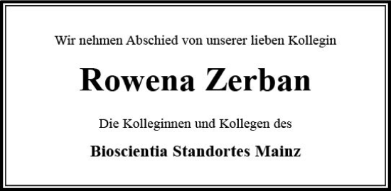 Traueranzeige von Rowena Zerban von Allgemeine Zeitung Mainz